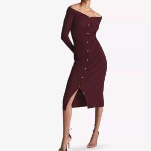 NWT REISS Off-shoulder Rib Knitted Midi Long Sleeve V-neck Burgundy Dress - L